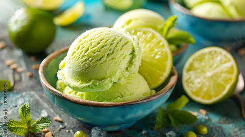 Obraz na płótnie A scoop of lime slice topped colorful green vital mint pie ice cream w salonie