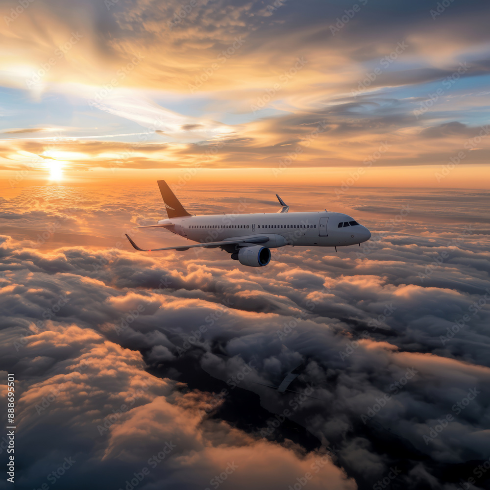 Aeroplane flying above the clouds and the setting sun in the background. AI generative. Aeroplane flying above the clouds and the setting sun in the background. AI generative.