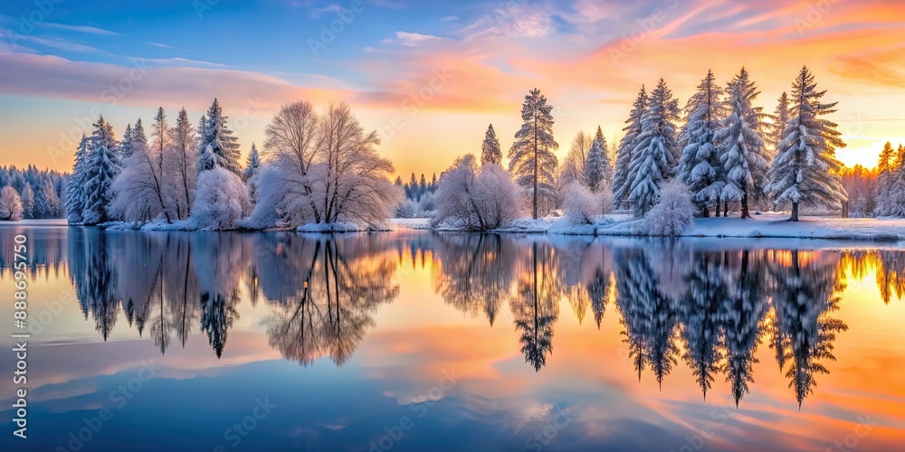 Snow-covered trees mirroring in serene lake during sunset, snowy, trees, reflection, calm, lake, sunset, winter, tranquil Snow-covered trees mirroring in serene lake during sunset, snowy, trees, reflection, calm, lake, sunset, winter, tranquil