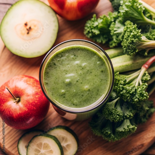 Refreshing green smoothie with fruits and vegetables on a wooden table photo