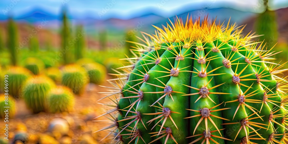 Close-up of vibrant green cactus with sharp spines in a desert landscape, cactus, desert, plant, nature, green, spines, prickly Close-up of vibrant green cactus with sharp spines in a desert landscape, cactus, desert, plant, nature, green, spines, prickly