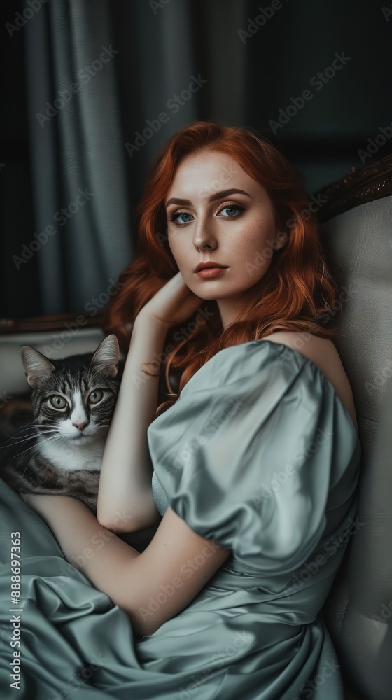 Naklejka premium A woman with red hair and a cat sitting on a chair.