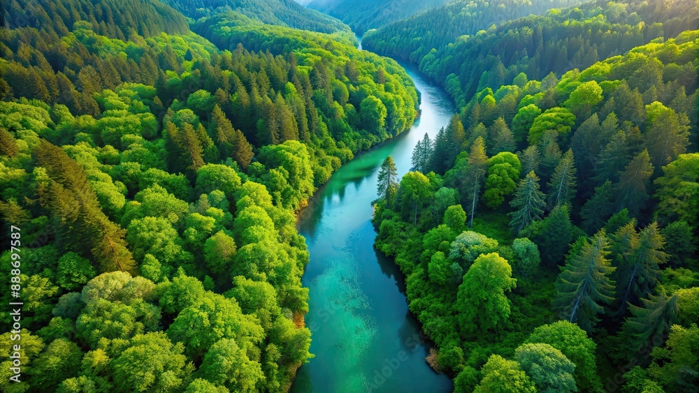 Aerial view of a lush green forest with serene river flowing through, showcasing natural beauty and tranquility Aerial view of a lush green forest with serene river flowing through, showcasing natural beauty and tranquility