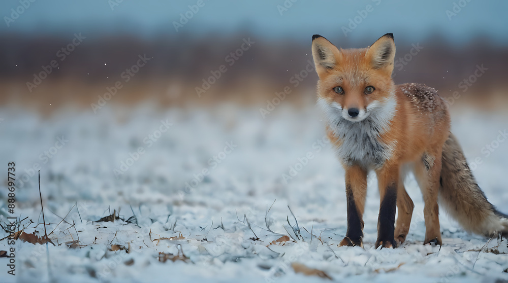Fototapeta premium a fox standing in the snow in the field