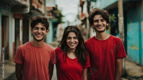 Three young people in red shirts smiling in an alley. © VISUAL BACKGROUND