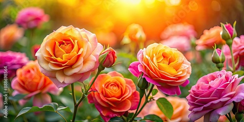 Fototapeta Naklejka Na Ścianę i Meble -  Vibrant pink and orange roses glowing in the warm morning light, roses, pink, orange, vibrant, morning, light, garden, flora