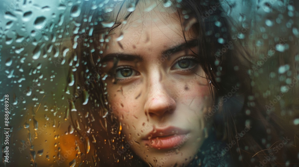 Sad woman with life problems, depression and emotional problems looking through window on rainy day Sad woman with life problems, depression and emotional problems looking through window on rainy day
