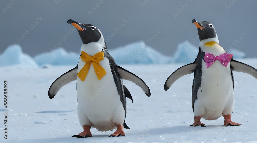Fototapeta premium penguins with bow ties walking in the snow with icebergs in the background