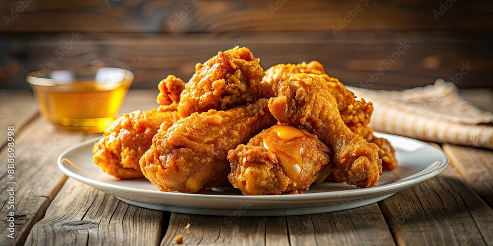 Golden crispy honey butter fried chicken coated in a shiny glaze, served on a plate , crispy, delicious, savory, comfort food, fried Golden crispy honey butter fried chicken coated in a shiny glaze, served on a plate , crispy, delicious, savory, comfort food, fried