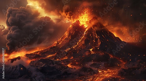 A striking scene of a volcano spewing with molten lava and thick smoke