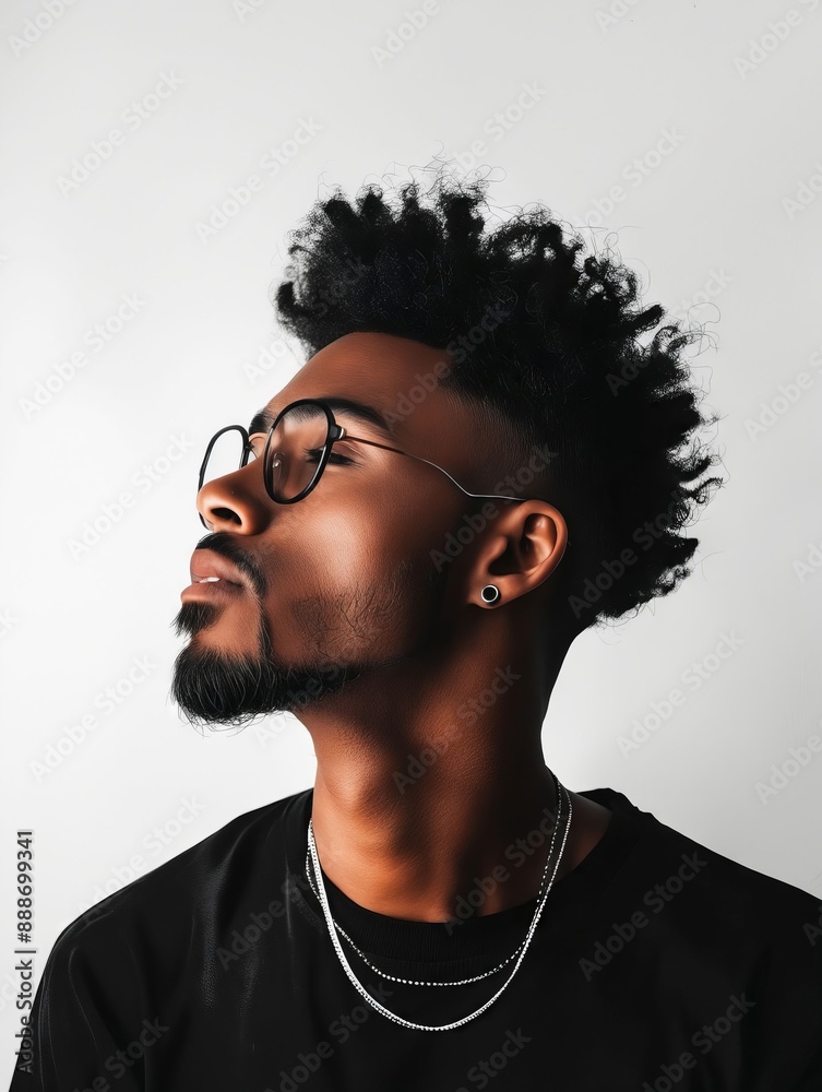 A young man with afro hair looking up.