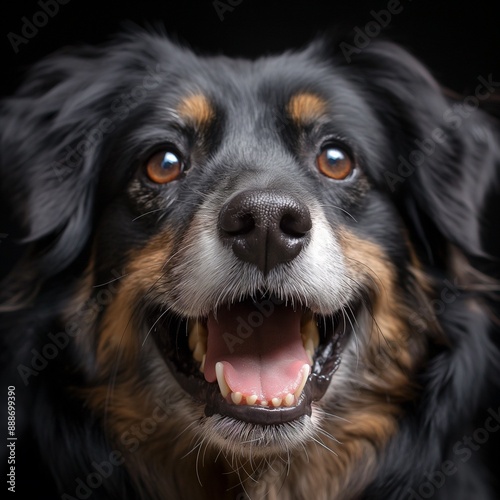 Close-up of a happy dog with bright eyes and a big smile. Perfect for pet lovers and advertisements.