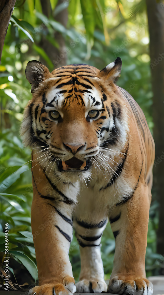 a tiger walking on a rock in the woods