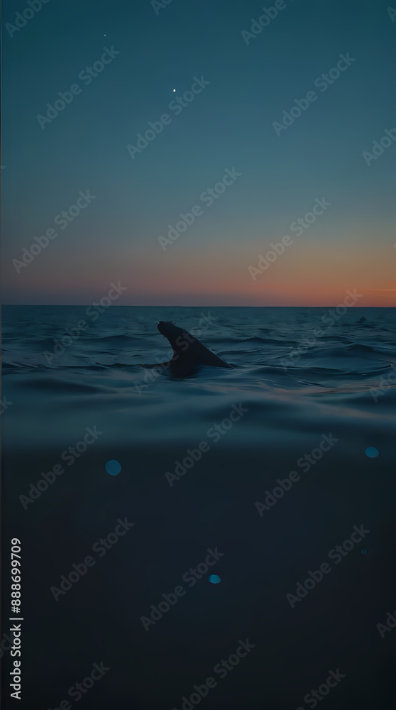 Fototapeta premium a shark in the water at sunset with a moon in the sky