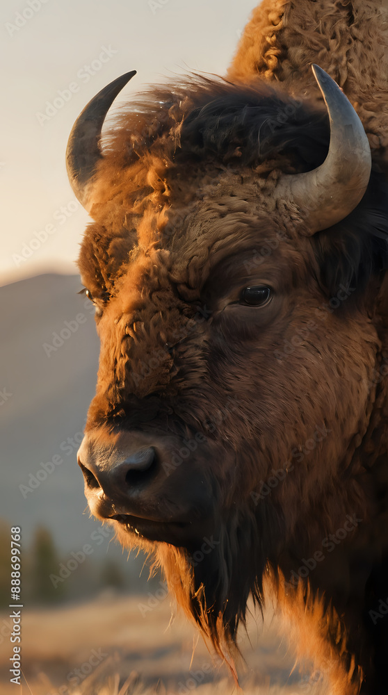 a large bison standing in a field with mountains in the background a large bison standing in a field with mountains in the background