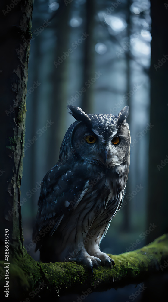 a owl sitting on a mossy branch in the woods a owl sitting on a mossy branch in the woods