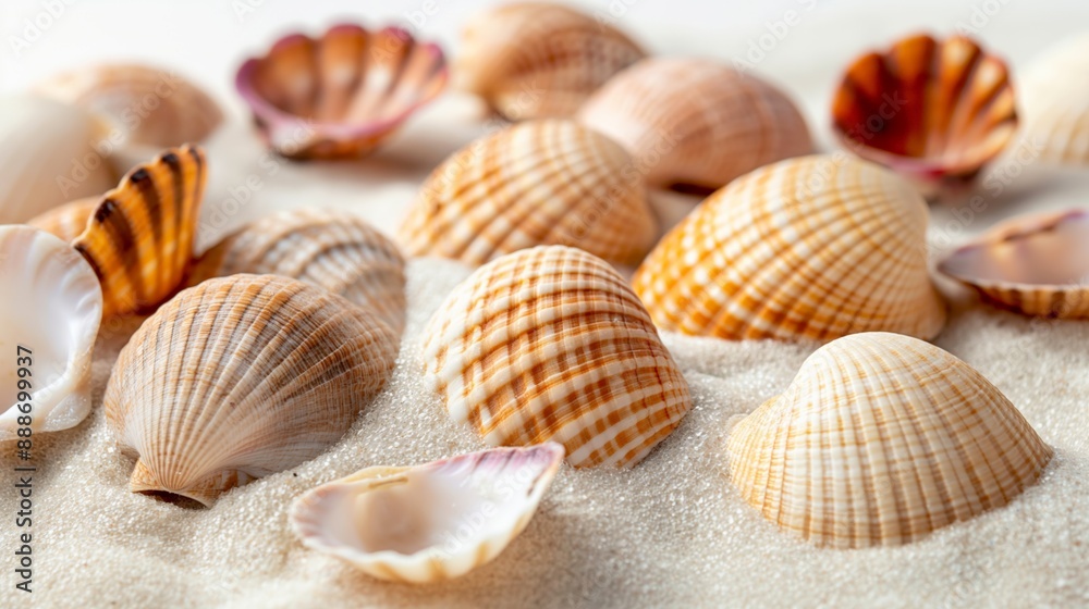 Collection of assorted seashells scattered on a pristine white sandy beach under the warm sun Collection of assorted seashells scattered on a pristine white sandy beach under the warm sun