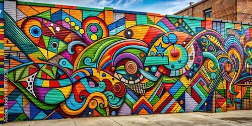 Graffiti of colorful abstract shapes and patterns on a city wall , street art, vandalism, urban, graffiti, spray paint