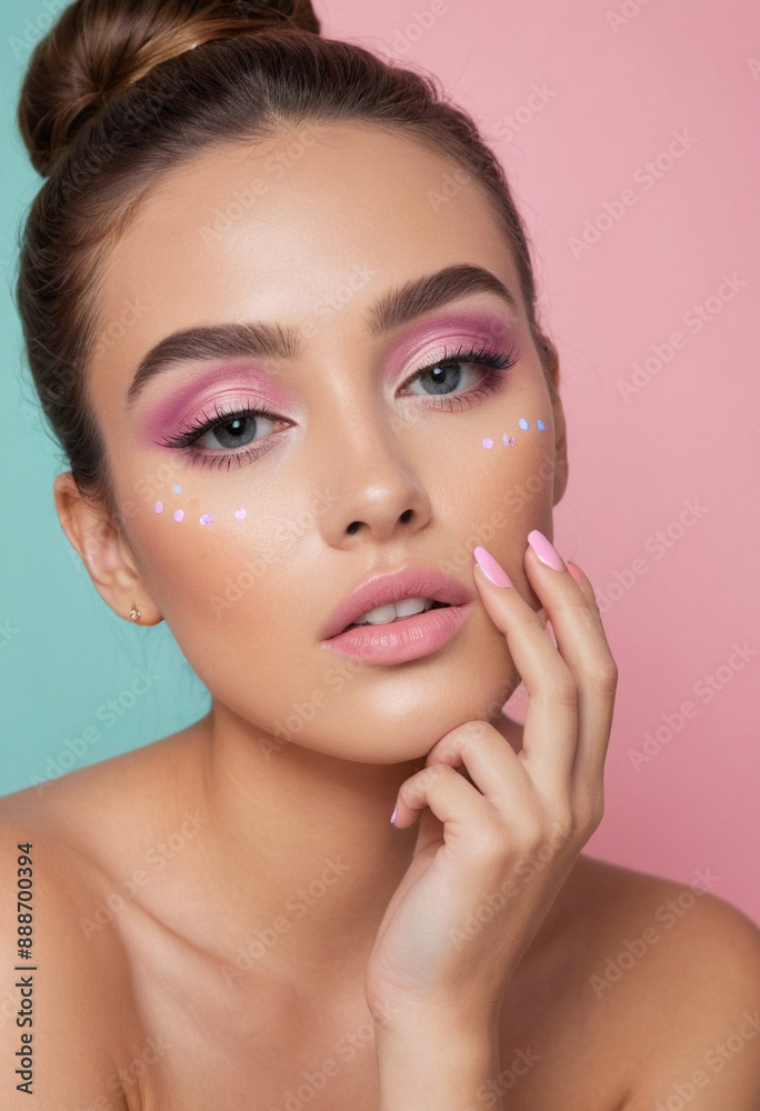 A social media user sharing everyday makeup tips with a colorful pastel background A social media user sharing everyday makeup tips with a colorful pastel background
