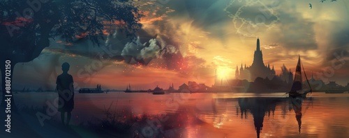 Silhouette of King Narai, ancient Ayutthaya city and river trade close up, focus on, copy space vibrant colors Double exposure silhouette with sailboats, no faces visible