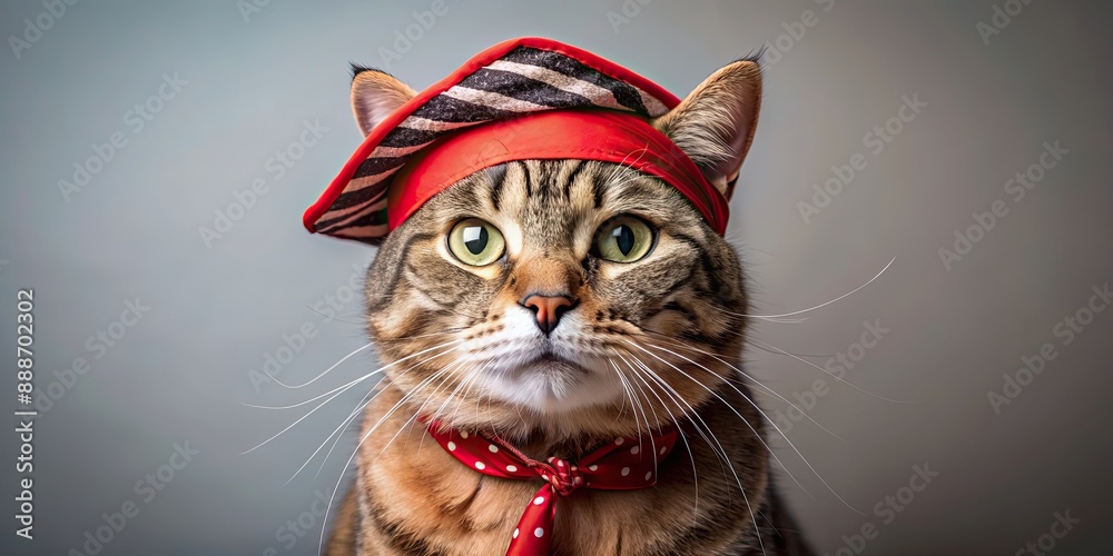 Cat wearing pirate's hat and a red bandanna, cat, pirate, hat, bandanna, pet, feline, costume, cute, animal, buccaneer Cat wearing pirate's hat and a red bandanna, cat, pirate, hat, bandanna, pet, feline, costume, cute, animal, buccaneer
