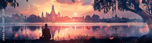 Silhouette of King Narai, thriving trade in old Ayutthaya city close up, focus on, copy space vibrant colors Double exposure silhouette with river scene, no faces visible