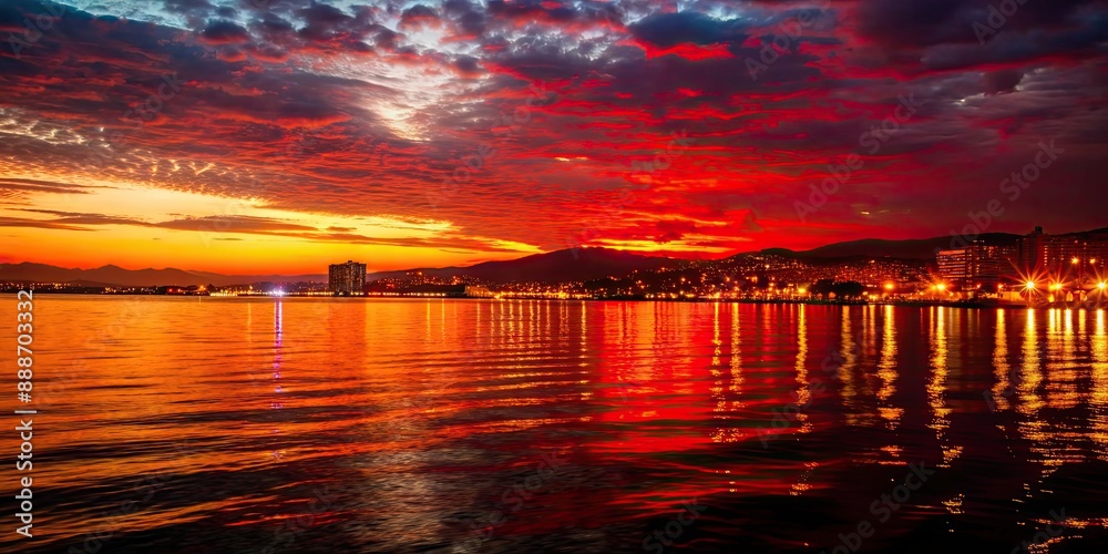 Sunset over Izmir Turkey with glowing red lights reflecting on the water, sunset, Izmir, Turkey, red lights, cityscape Sunset over Izmir Turkey with glowing red lights reflecting on the water, sunset, Izmir, Turkey, red lights, cityscape