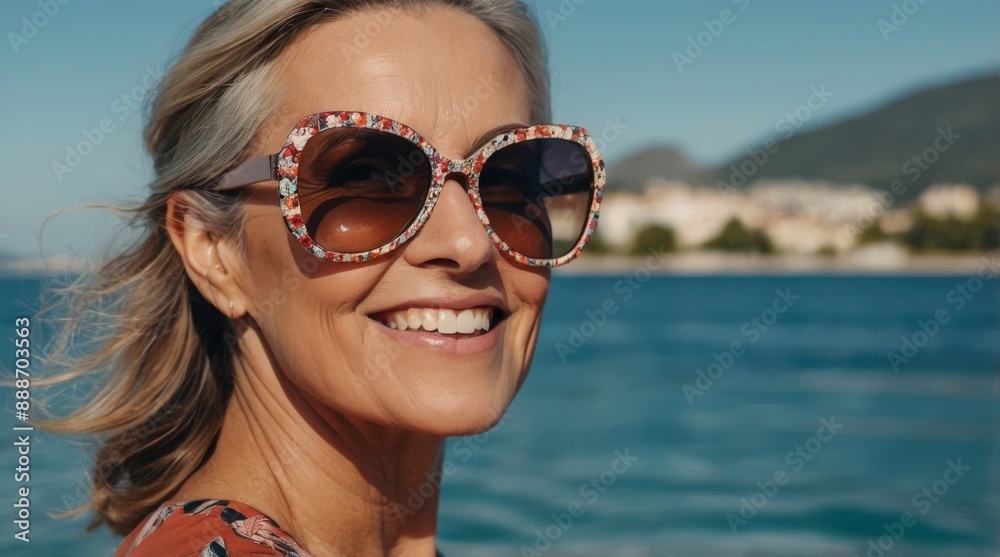 Laughing elder senior mature woman wearing sunglasses and looking at camera. Smiling female in casual attire enjoying summer beach vacation. Aging retirement concept Laughing elder senior mature woman wearing sunglasses and looking at camera. Smiling female in casual attire enjoying summer beach vacation. Aging retirement concept