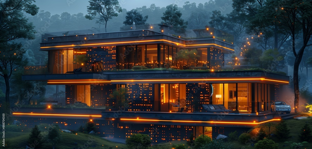 Smart home with integrated AI systems for energy management and security, highlighting the development of residential technology and growth. Smart home with integrated AI systems for energy management and security, highlighting the development of residential technology and growth.