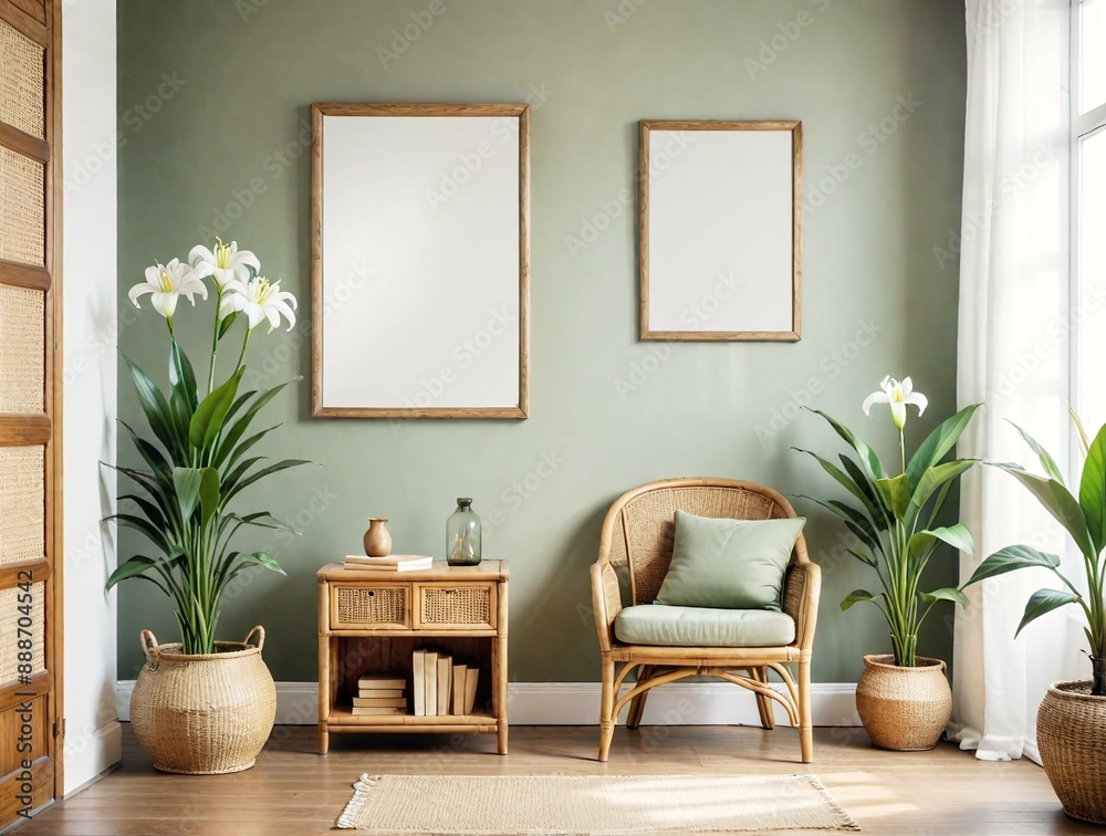 Fototapeta premium Green wall and chair large blank framed poster mockup, and plants, natural light background, home decor concept. 3D Rendering