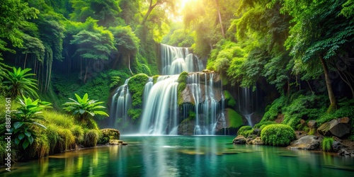 Waterfall cascading down lush green jungle landscape, waterfall, lush, green, jungle, nature, landscape, tropical, serene