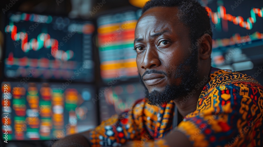 A man in a colorful shirt looks intently at financial charts on computer screens in an office A man in a colorful shirt looks intently at financial charts on computer screens in an office