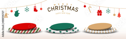 Set of Christmas base. Collection of Red, Green, Brown base tilted on  stripes, maple leaf and dots pattern pedestal with Christmas elements hanging  on white background. Vector illustration.