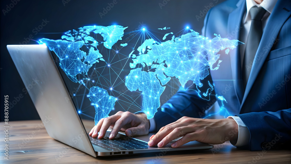 Professional photo of a digital blue hologram world map floating above a laptop notebook that a businessman is typing on, highlighting global connectivity and market services; Professional photo of a digital blue hologram world map floating above a laptop notebook that a businessman is typing on, highlighting global connectivity and market services;