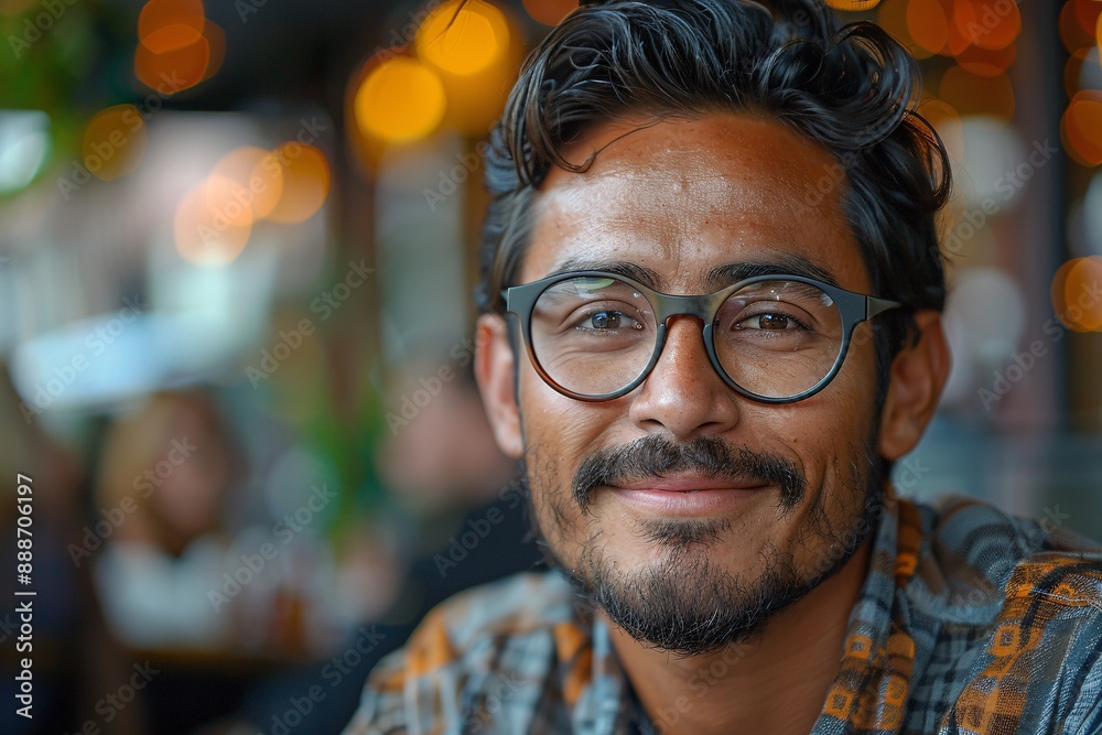 A man with dark hair and a beard wearing glasses smiles while sitting at a restaurant A man with dark hair and a beard wearing glasses smiles while sitting at a restaurant