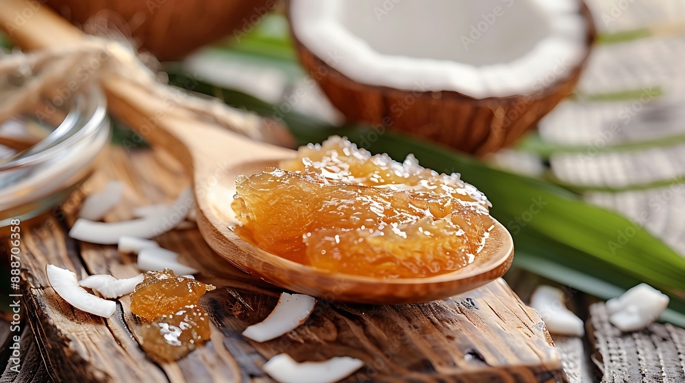 Fototapeta premium A wooden spoon with coconut jam on a natural board