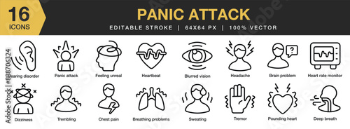 Set of 16 Panic Attack icon set. Editable Stroke Icon Collection. Includes blurred vision, headache, heartbeat, sweating, dizziness, and More. Outline icons vector collection.