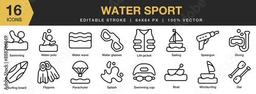 Set of 16 Water Sport icon set. Editable Stroke Icon Collection. Includes boat, diving, oar, splash, surfing board, and More. Outline icons vector collection.