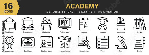 Set of 16 Academy icon set. Editable Stroke Icon Collection. Includes academy, moderator, online book, pencil box, knowledge, and More. Outline icons vector collection.