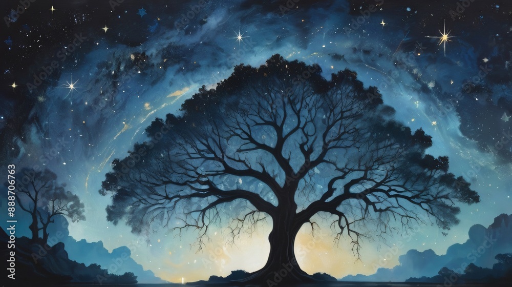 silhouette of old oak tree with starry space background silhouette of old oak tree with starry space background