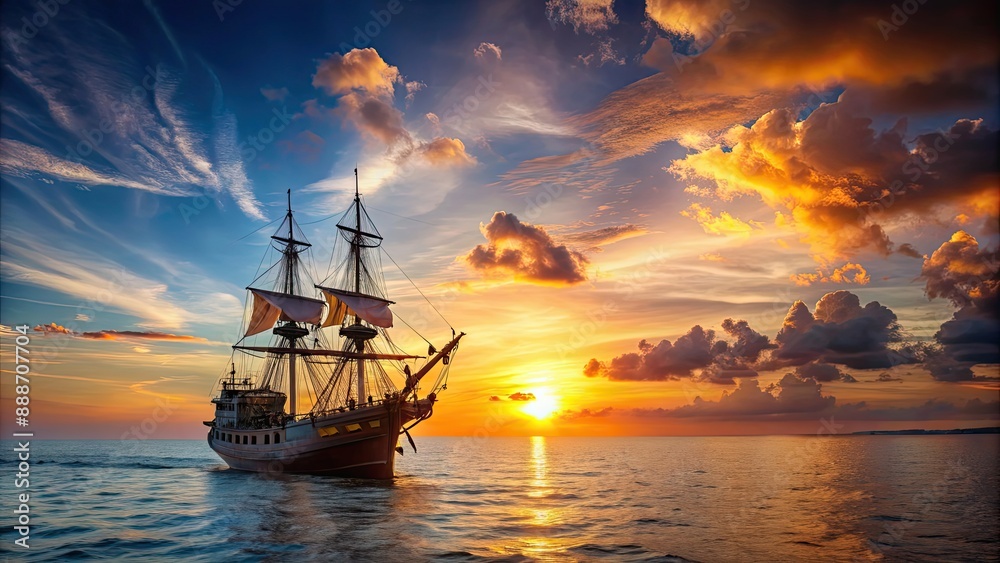 Fototapeta premium Stylized pirate ship sailing into a serene sunset on the open ocean, adventure, travel, nautical, ship, boat, ocean, sunset