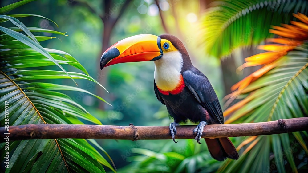 Naklejka premium Colorful toucan bird sitting on a tree branch in a tropical forest , vibrant, exotic, wildlife, nature, tropical, plumage