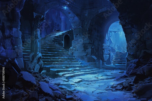 Mysterious Underground Chamber With Ancient Stone Pillars And Stairs
