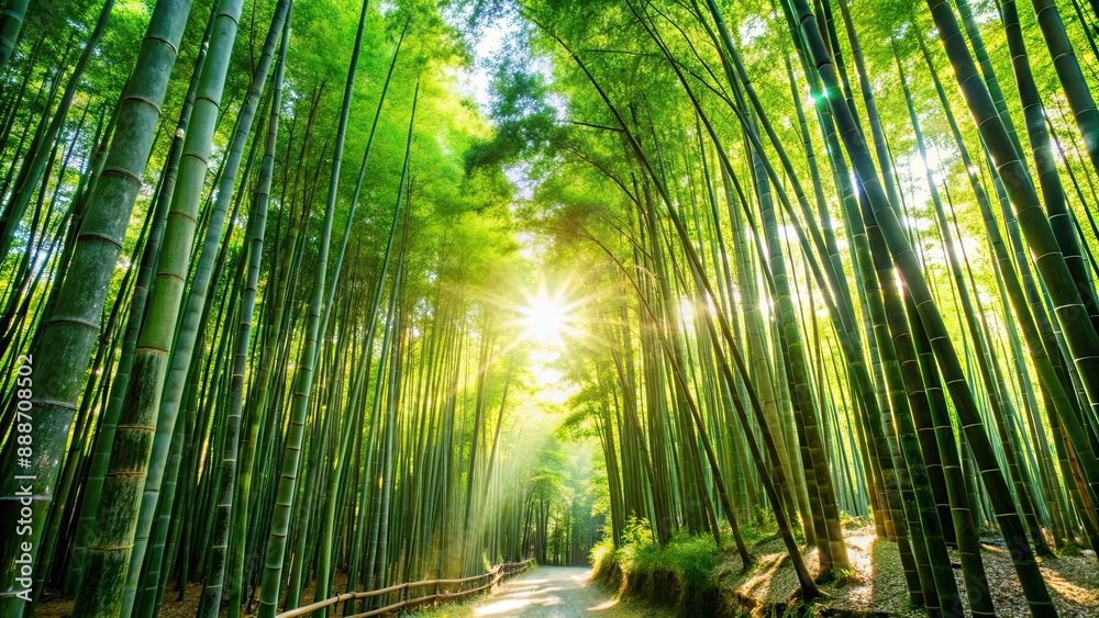 Fototapeta premium Tranquil bamboo forest with sunlight filtering through dense green canopy, casting soothing light on winding paths, serene