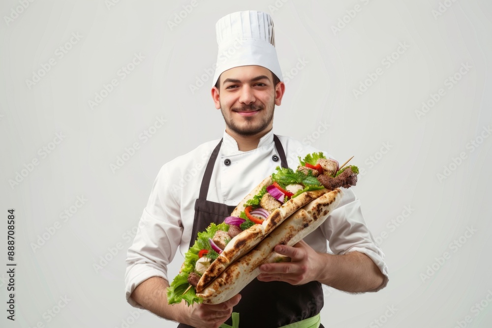 Kebab Chef holding Kebab, solid white background Kebab Chef holding Kebab, solid white background