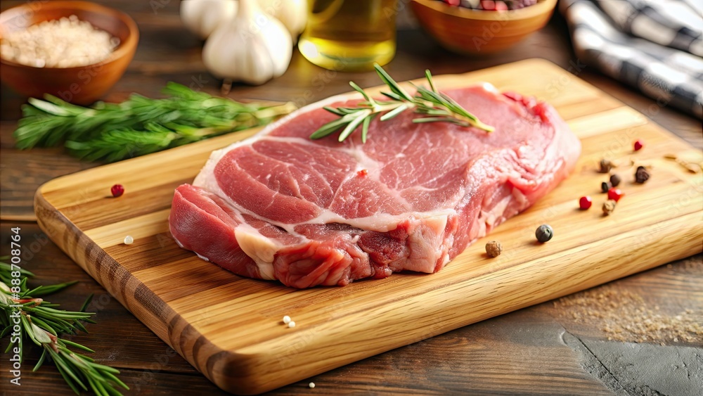 Fresh raw meat on a cutting board ready for cooking, beef, pork, chicken, lamb, protein, food preparation, butchery, gourmet Fresh raw meat on a cutting board ready for cooking, beef, pork, chicken, lamb, protein, food preparation, butchery, gourmet