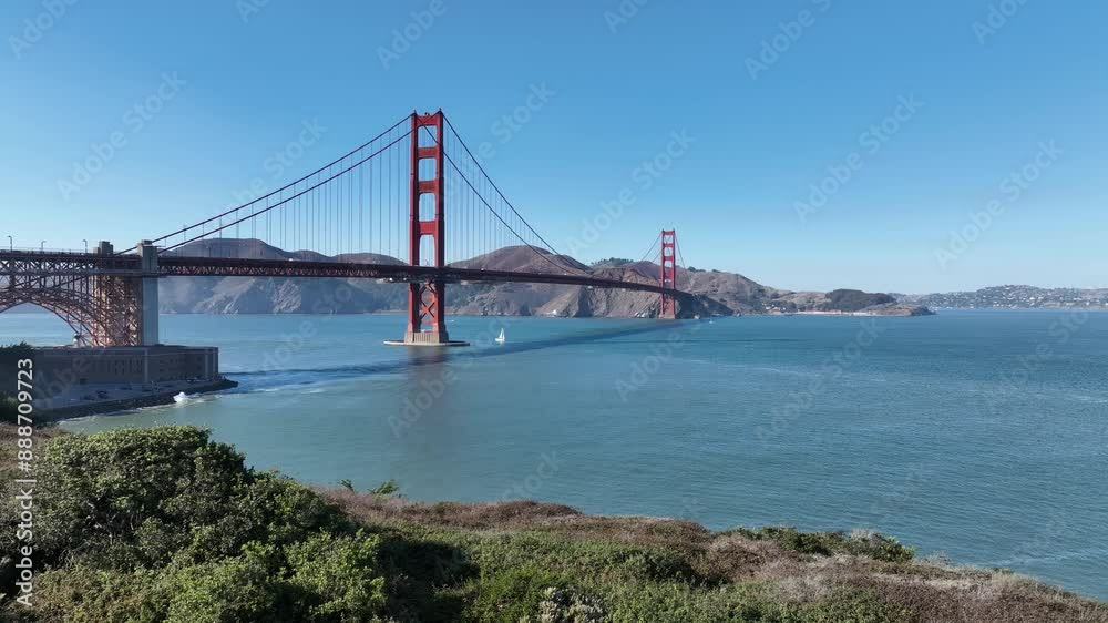 Golden Gate Bridge At San Francisco California United States. Birds Eye View Of Suspension Bridge With Cars Driving Across. Metropole Landscape Panoramic City View Awesome. Golden Gate Bridge At San Francisco California United States. Birds Eye View Of Suspension Bridge With Cars Driving Across. Metropole Landscape Panoramic City View Awesome.
