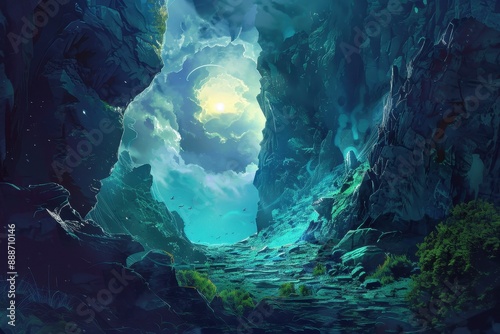 Mysterious Rocky Chasm with Glowing Light and Birds