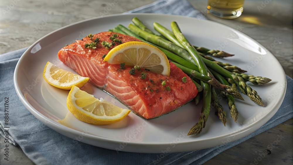 Freshly steamed salmon fillet with asparagus and lemon on a white plate , Food, salmon, fillet, asparagus, fresh, steamed Freshly steamed salmon fillet with asparagus and lemon on a white plate , Food, salmon, fillet, asparagus, fresh, steamed