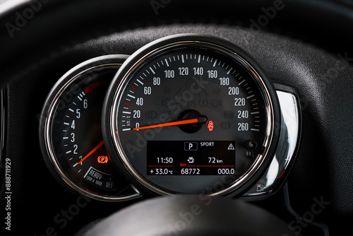 car​ instrument panel, car​ speed motor of​ night, car​ dashboard​ modern​ automobile control​illuminated panel​ speed display. 